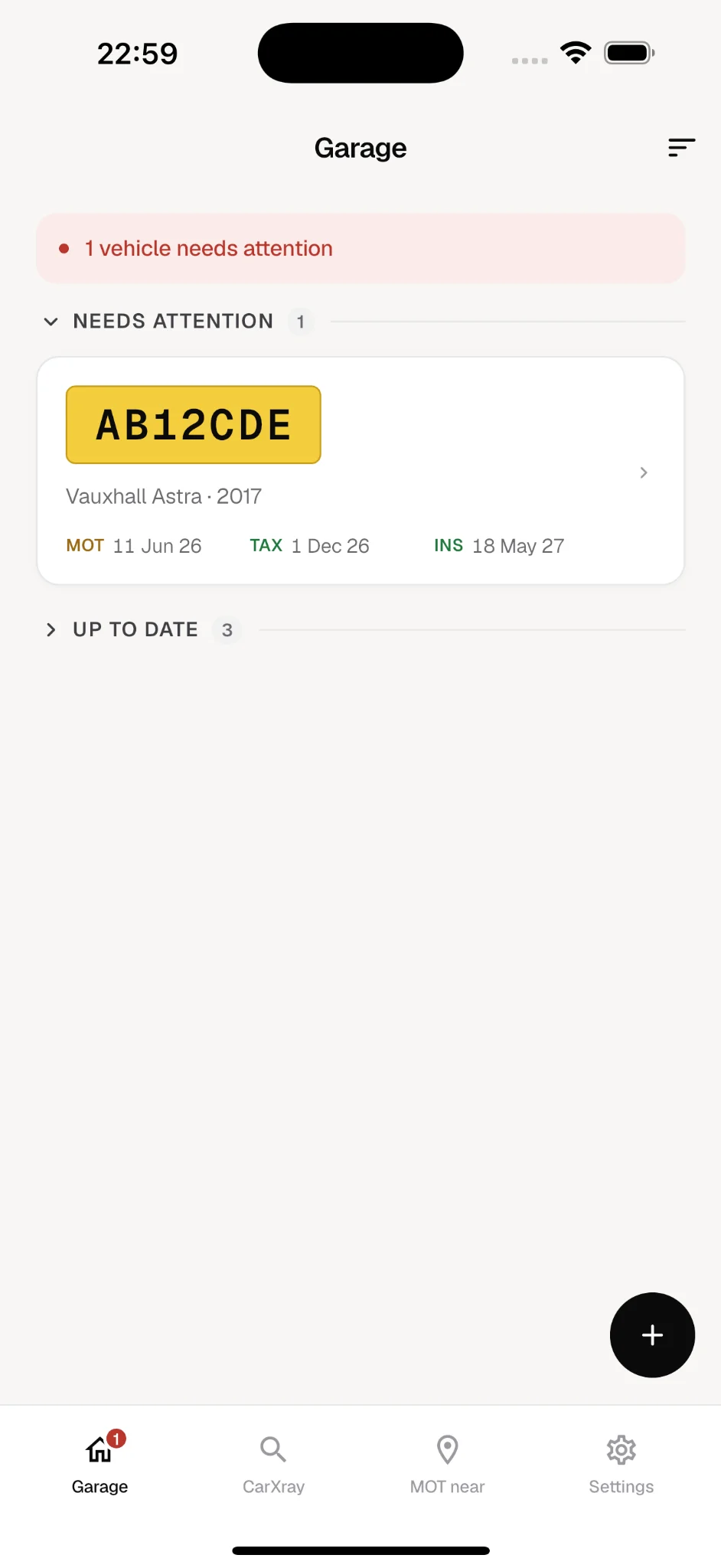 AutoMate AI garage showing MOT and tax status across multiple vehicles